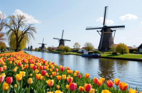 Traveler on a river cruise past tulip fields and windmills in the Netherlands